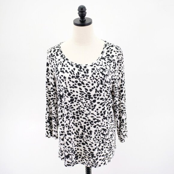 Peter Nygard Large Black White Cow Pattern Scoop Neck Blouse Top Long Sleeve - Picture 9 of 16